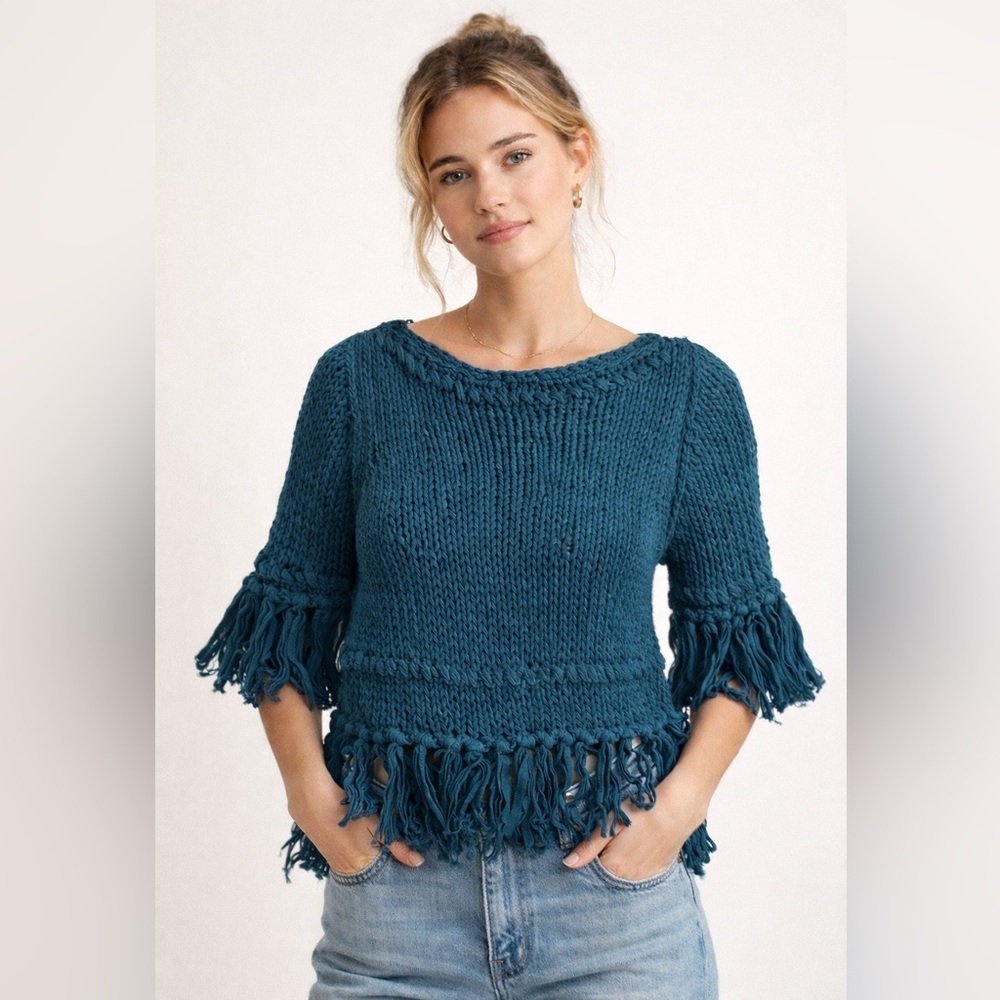 Free People Teal Fringe Pullover Sweater